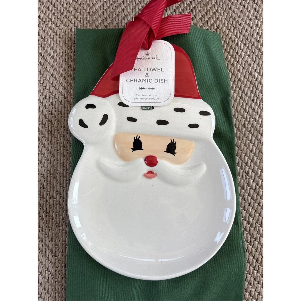 HALLMARK TEA TOWEL & CERAMIC DISH SANTA NEW WITH TAGS TWO PIECE SET